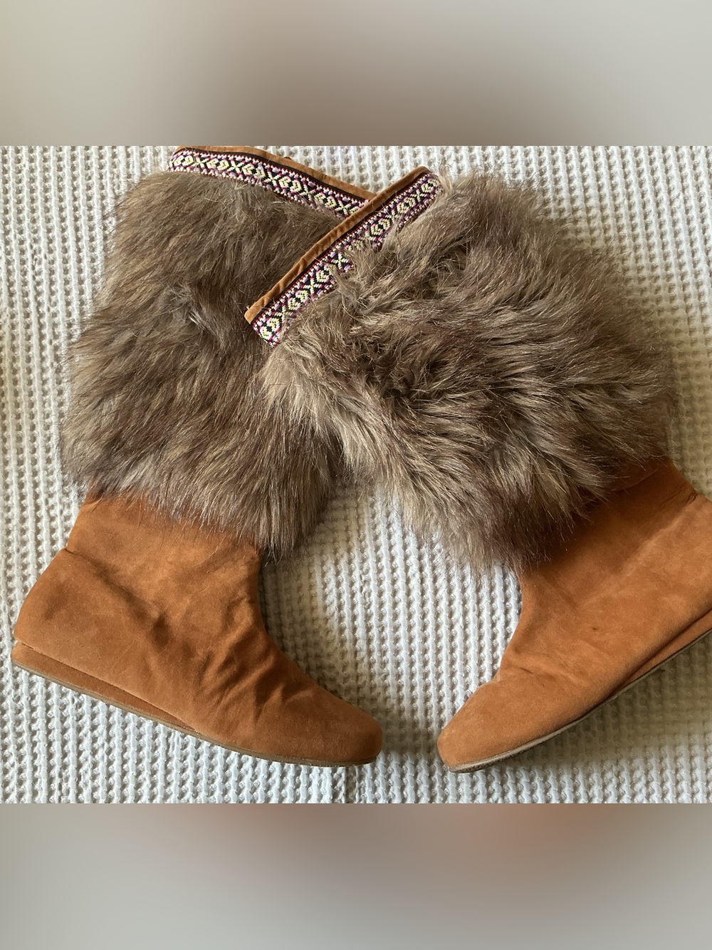 Faux Fur Trim Suede Wedge Boots - Chestnut Brown